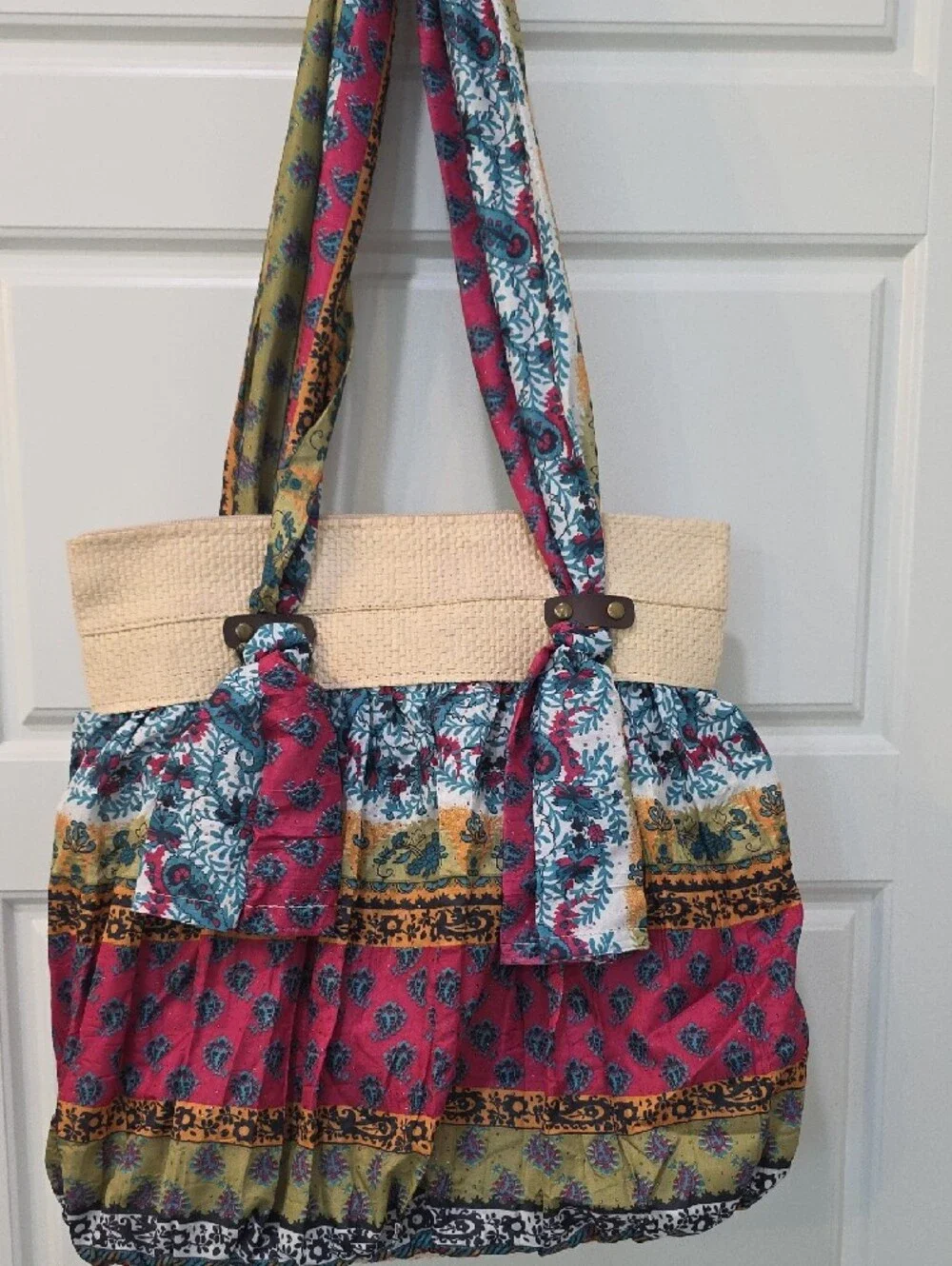 Boho Floral Patchwork Tote Bag in Pink and Green